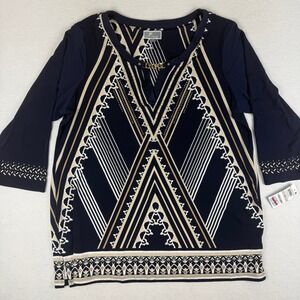 JM Collection Womens Navy Blue Geometric Print 3/4 Sleeve Tunic Top 1X NWT
